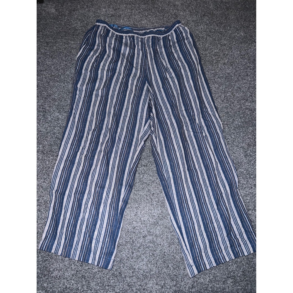 Coldwater Creek Blue Striped Linen Rayon Blend Pants Petite Large PL H13473